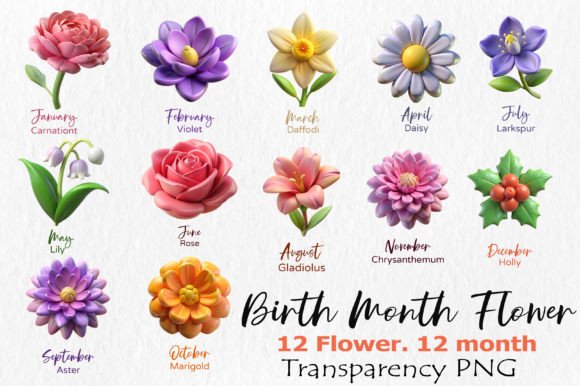 3D Birth Month Flowers Bouquet Clipart for Creative Projects