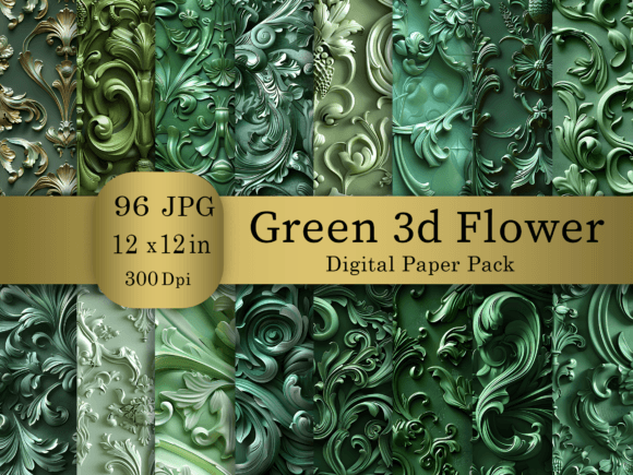 3D Green Flower Digital Paper Bundle for Creative Projects